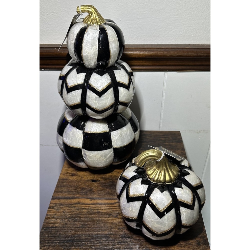 2 Black White Checkered Stacked Pumpkins Gold Stems Halloween Fall Topiary New - Picture 10 of 11